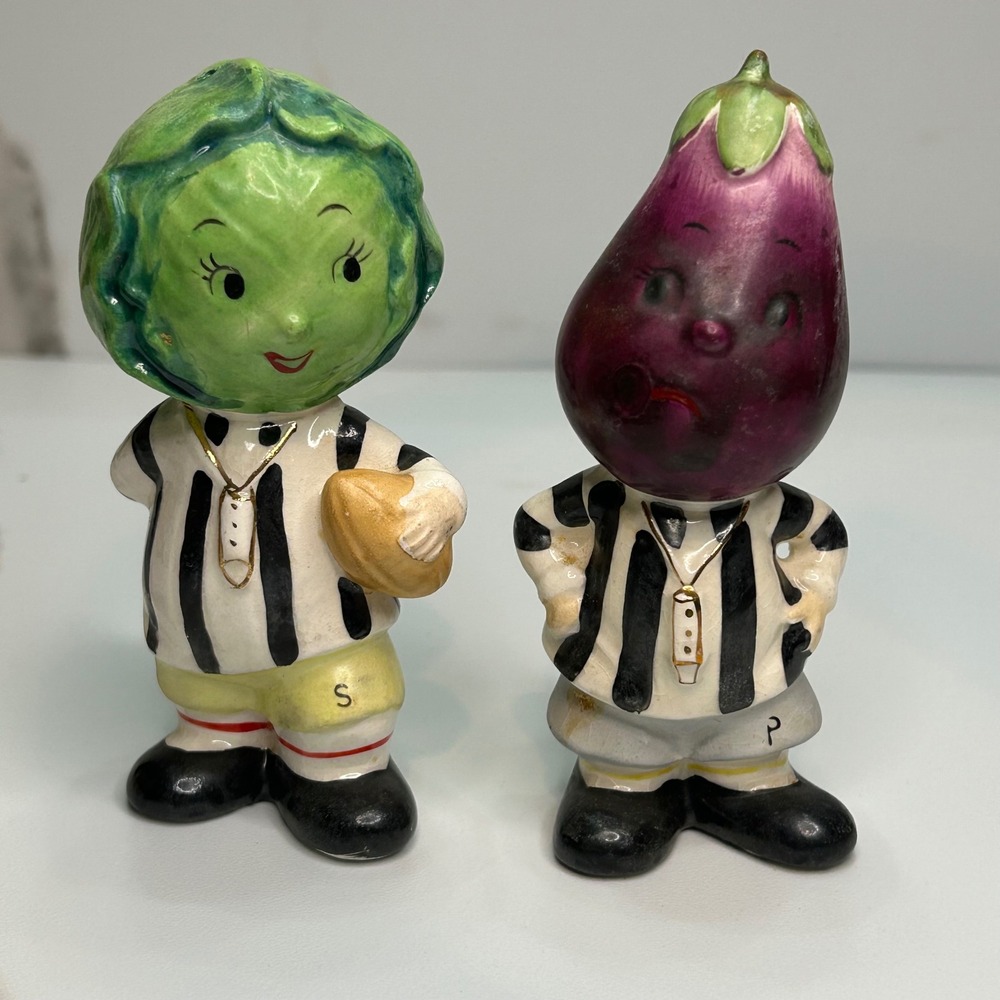 Vintage Anthropomorphic Cabbage Eggplant Referee Salt Pepper Shakers Football